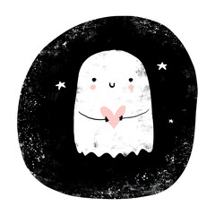 Cute Halloween Vector Illustration with Sweet Little Ghost in a Black Grunge Frame on a White Background. Hand Drawn Halloween Card with Funny Ghost Holding Pink Heart. Kawaii Style Spooky Print.