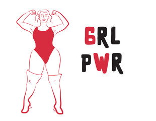 Girl power strong women with slogan. GRL PWR hand lettering. Feminism, feminist slogan, phrase or quote. Vector art illustration for social media.
