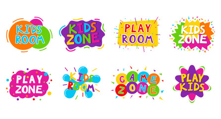 Cartoon colorful logo Kids Zone set isolated on white background. Bright multicolored letters to children playroom or area decorating. Inscription of baby playground. Place for fun and play. Vector