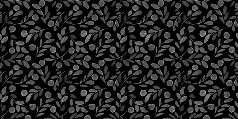 Seamless monochrome pattern. Hand drawn brush painted branches. Black and white botanical ornament. Various silhouette branches with leaves and small flowers.