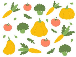 Set of vegetables. Broccoli, pumpkins, carrots, tomatoes. Vector illustration in flat style. 