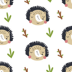 Cute seamless pattern with hedgehog, mushrooms and trees. Hand drawn vector illustration for your design.