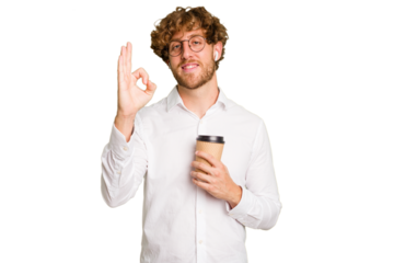 Business caucasian man holding a coffee to take away isolated on white background cheerful and confident showing ok gesture.