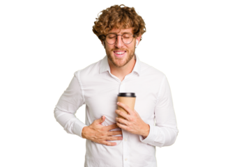 Business caucasian man holding a coffee to take away isolated on white background laughing and having fun.