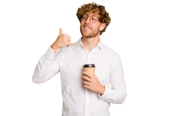 Business caucasian man holding a coffee to take away isolated on white background showing a mobile phone call gesture with fingers.