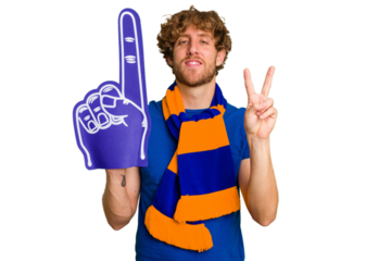 Young caucasian sports fan man isolated on white background showing number two with fingers.