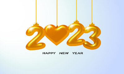 Happy New 2023 Year. Holiday vector illustration of golden metallic numbers 2023. Realistic 3d sign. Festive poster or banner design