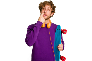 Young skater caucasian man isolated on white background relaxed thinking about something looking at a copy space.