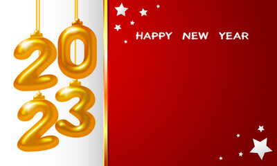 Happy New Year 2023. Holiday vector illustration of golden metallic numbers 2023. Realistic 3d sign. Festive poster or banner design. Art with space to add texts