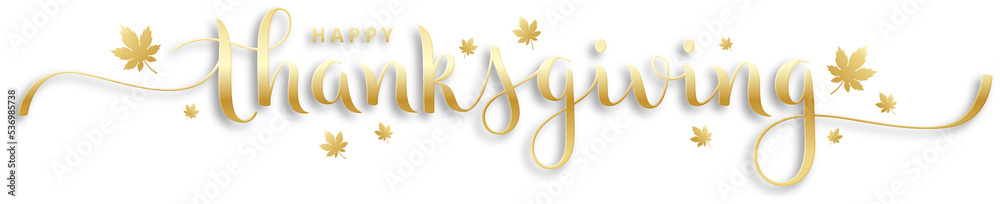 Sticker happy thanksgiving metallic gold brush lettering with leaf motifs on transparent background - Stickers