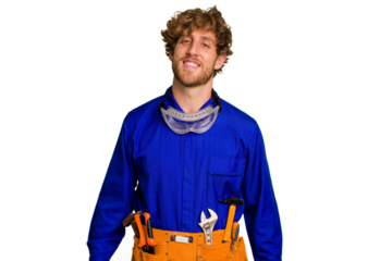 Young caucasian electrician man isolated on white background happy, smiling and cheerful.