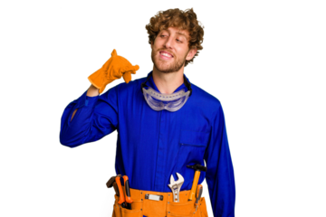 Young caucasian electrician man isolated on white background showing a mobile phone call gesture with fingers.