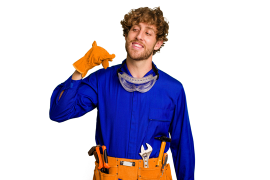 Young caucasian electrician man isolated on white background showing a mobile phone call gesture with fingers. - Powered by Adobe