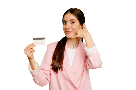Business caucasian woman holding a credit card isolated showing a mobile phone call gesture with fingers.