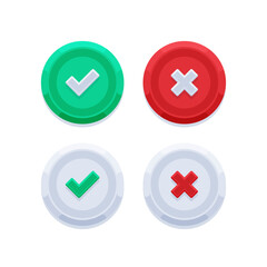 Set of circle green checkmark and red cross buttons illustration