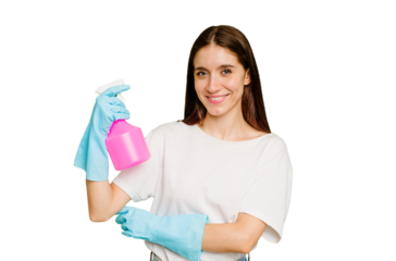 Young cleaner woman isolated laughing and having fun.