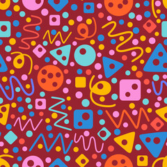Fototapeta na wymiar Colorful seamless pattern. Circles, triangles, serpentine, dots, squares, rhombus and zigzag. Fun colorful line doodle shape background. 