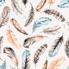 Seamless background, boho pattern with watercolor feathers.  Repeat fabric wallpaper print texture. Perfectly for wrapped paper, backdrop. © Larisa