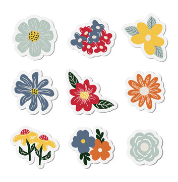 Carton of Spring Stickers Flowers. Clipart flower collection