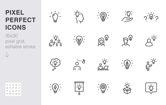 Creative idea line icon set. Electricity bulb, brainstorm presentation, education, solution minimal vector illustration. Simple outline sign for innovation. 30x30 Pixel Perfect, Editable Stroke