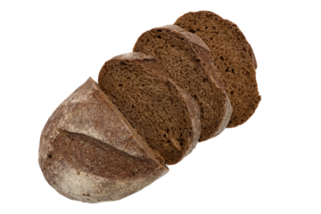 slices of rye bread on white background, top view, fresh delicious homemade healthy baking