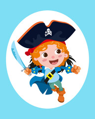 Cute pirate in hat in cartoon style. Character for the design of postcards, inscriptions, children books. Vector illustration, icon on isolated background.
