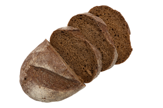 slices of rye bread on white background, top view, fresh delicious homemade healthy baking