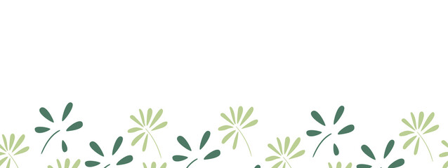 Seamless frame with green abstract leaves on a white background. Botanical border, banner for placing text, etc. Rectangular vector illustration in naive style.