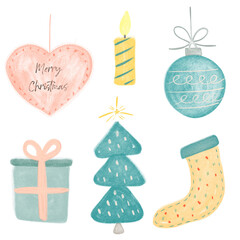 Christmas symbols icon set. gift, ball Christmas tree, stockings . gift box, sock icon. Merry Christmas ornaments and decoration, flat design. Beautiful clip art element for design decor.