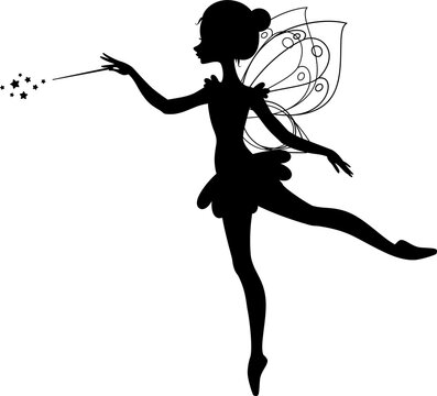 Winged fairy silhouette. Illustration of a ballet dancing fairy in the cartoon style.