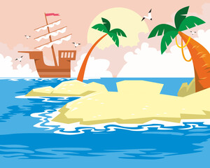 Island with the sea. Background for games, design. Ocean, palm trees, treasures and mountains, ship and seagulls. Vector illustration.