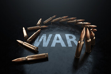 The inscription War and Bullets, cartridges on a dark background. The concept of war, combat clash, armed conflict. Cartridges for a rifle. 3D illustration, 3D render.