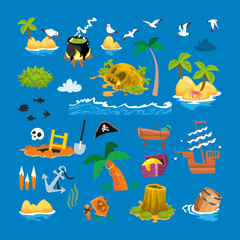 Set of elements for maps, cards and scenes with pirates, sea adventures. Islands, palm trees, birds and trees, treasures. Isolated objects for games, posters. Vector illustration.