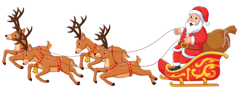 Santa in Sleigh and His Reindeer isolated on a white background. Vector Cartoon Illustration