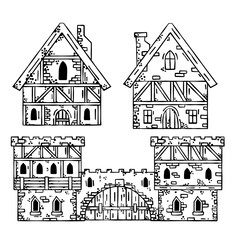 Old medieval castle with gate. European cartoon city. Fairy tale fortress with tower. Wooden German houses and street.