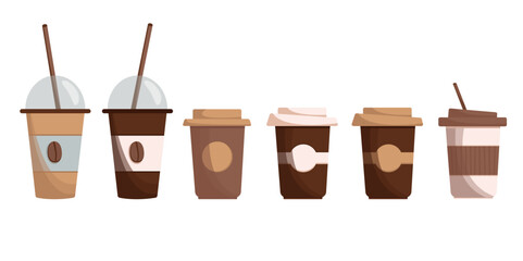 Big set of coffee in paper cups on white background. Vector collection of coffee elements in flat style.