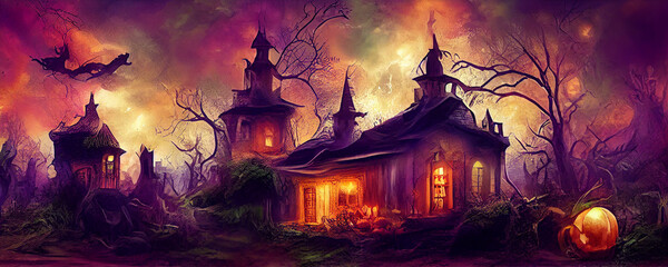 Fototapeta na wymiar Spooky Halloween Mansion Creepy Night, Haunted Mansion Halloween Building, Spooky House Halloween Theme Background, Dark House Horror Garden Halloween Illustration
