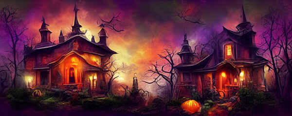 Fototapeta na wymiar Spooky Halloween Mansion Creepy Night, Haunted Mansion Halloween Building, Spooky House Halloween Theme Background, Dark House Horror Garden Halloween Illustration