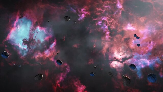 Galaxy space flight exploration space rock in Constellation Cygnus Galaxy. 4K looping animation of flying through glowing nebulae, clouds and stars field.