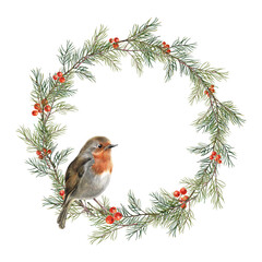 Watercolor Christmas wreath of spruce branches and