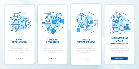 Individual marketing tasks blue onboarding mobile app screen. Walkthrough 4 steps editable graphic instructions with linear concepts. UI, UX, GUI template. Myriad Pro-Bold, Regular fonts used