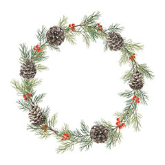 Watercolor Christmas wreath of spruce branches and fir cones