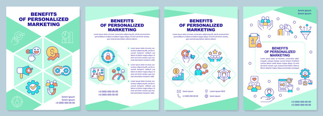 Benefits of personalized marketing mint brochure template. Leaflet design with linear icons. Editable 4 vector layouts for presentation, annual reports. Arial-Black, Myriad Pro-Regular fonts used