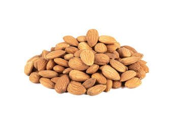 Heap of grains of almond nuts on a white background.