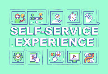 Self-service experience word concepts blue banner. Virtual assistants. Infographics with editable icons on color background. Isolated typography. Vector illustration with text. Arial-Black font used