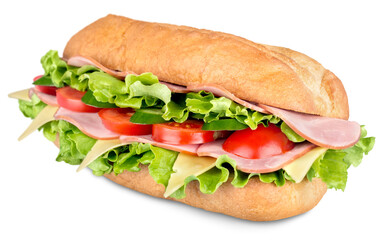 Ham and cheese salad submarine sandwich from freshly cut baguette