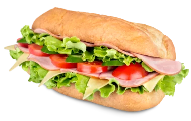 Poster Ham and cheese salad submarine sandwich from freshly cut baguette © BillionPhotos.com