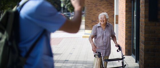 Caregiver saying goodbye his senior woman client at nursing home.