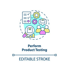 Perform product testing concept icon. Check offer. Improving customer service abstract idea thin line illustration. Isolated outline drawing. Editable stroke. Arial, Myriad Pro-Bold fonts used