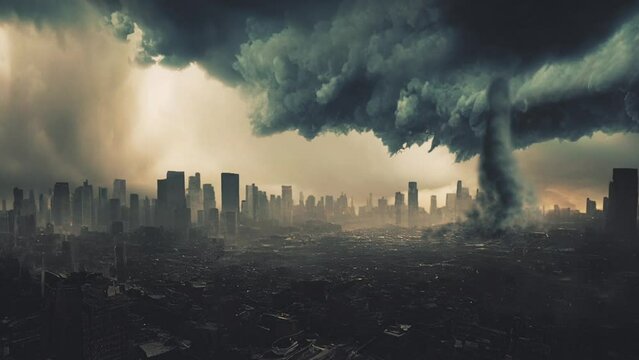Huge tornado causing total destruction in the middle of Manhattan or a large city. Fantasy apocalypse concept 